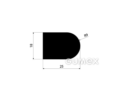 "D" Gummiprofil, 18x25/R9mm, 60°ShA, NBR, ISO 3302-1 E2, -40°C/+70°C, schwarz, 